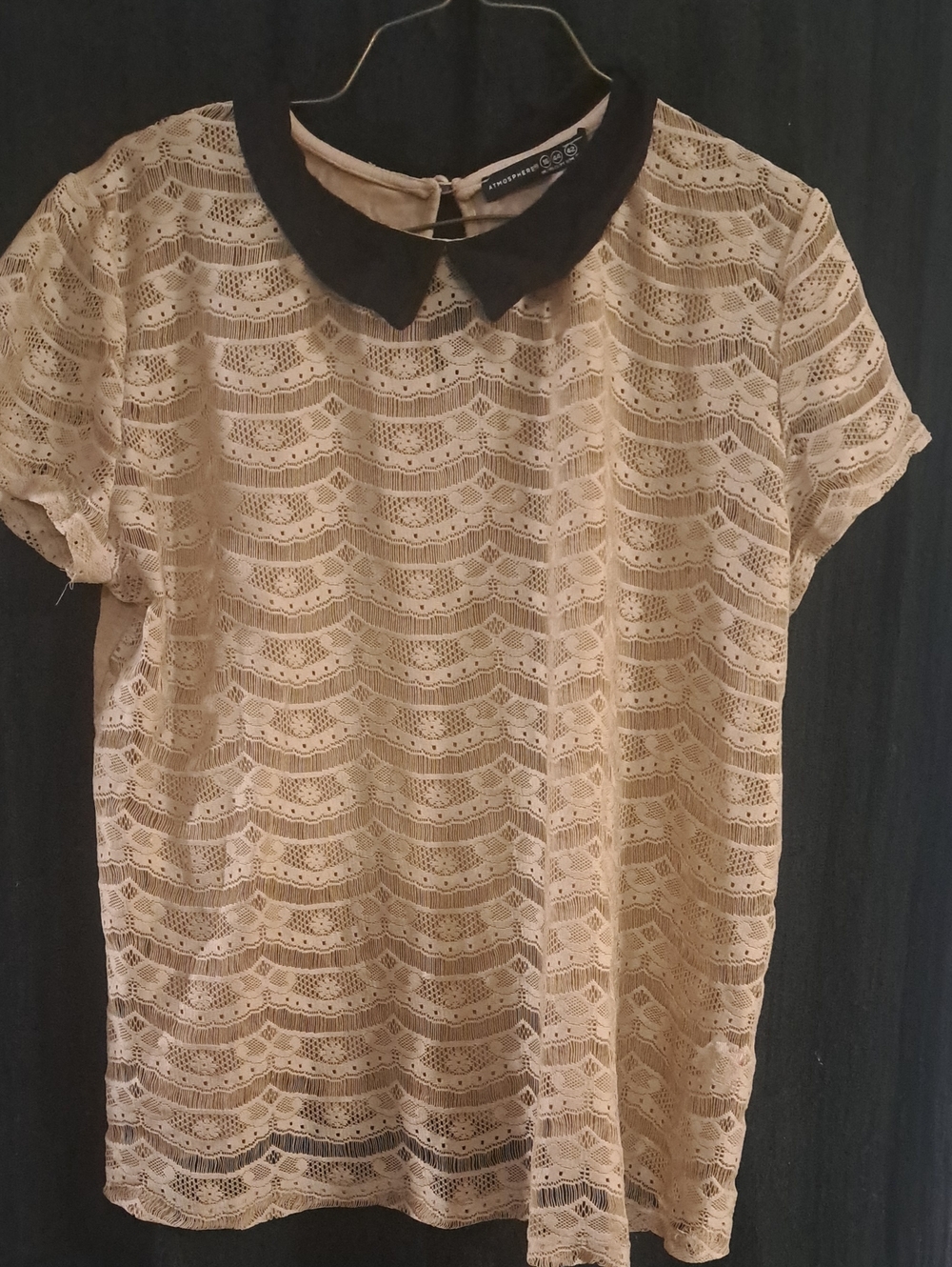 Atmosphere Cream Lace Top with Black Peter Pan Collar